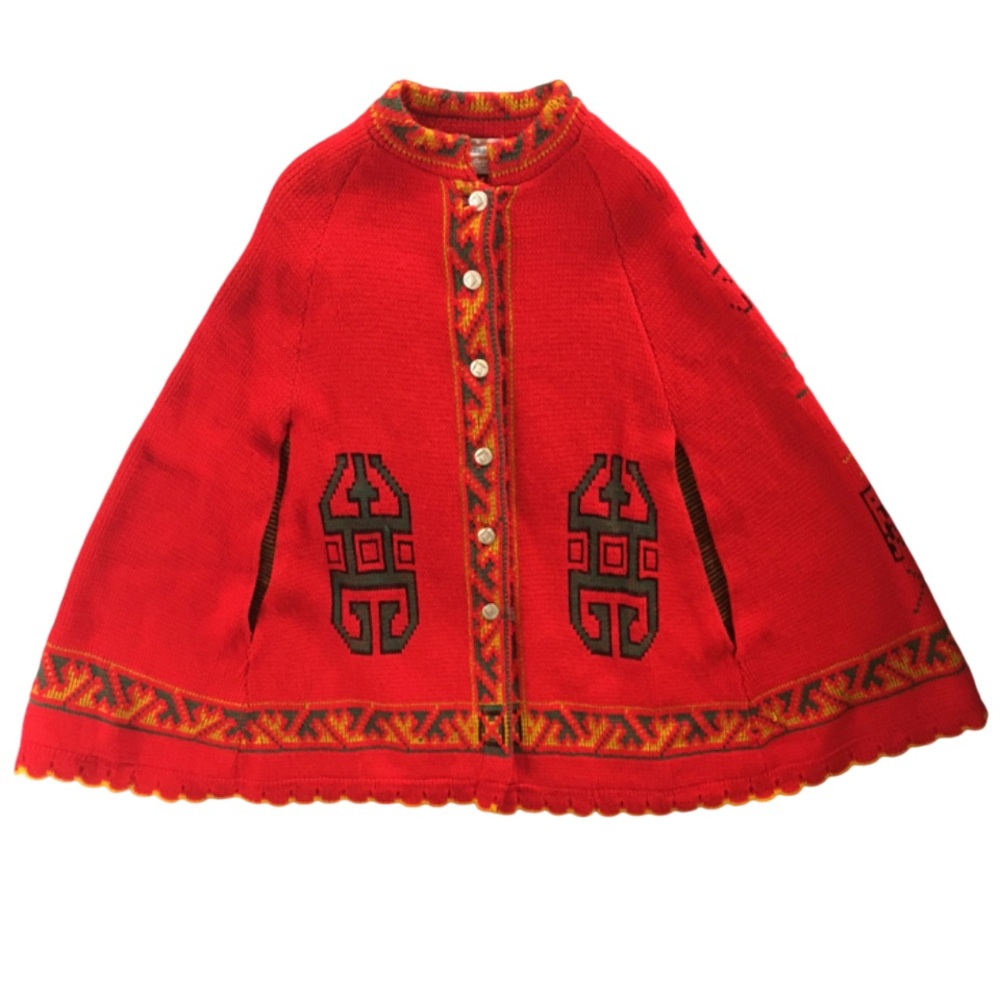 Vintage 70s Poncho Cape Red Knit Pagoda Embroidery Scalloped Hem Arm Slits Folk